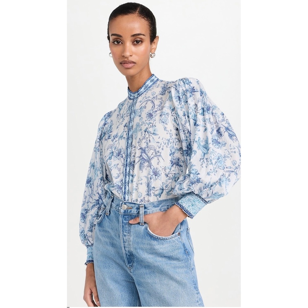 Alice + Olivia April Pleated Sleeve Top Womens XS Je L'adore Spring Sky Boho